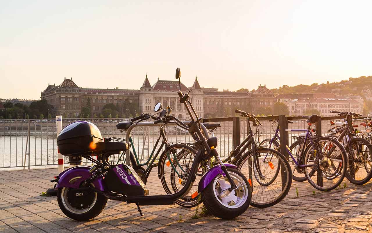 Bikes parked beside the Danube river at summer - they are a common mode of transport especially during summer