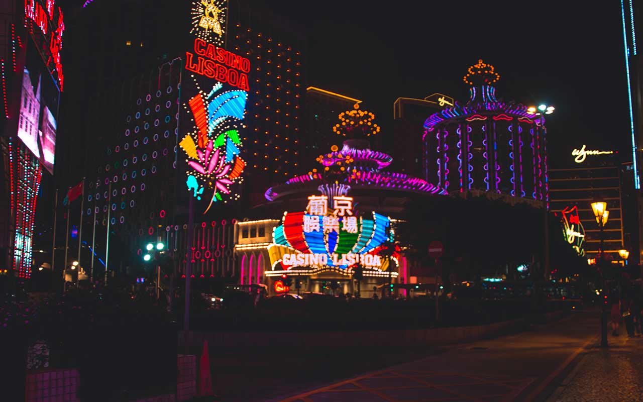 Casinos in Macau lit by colorful LEDs