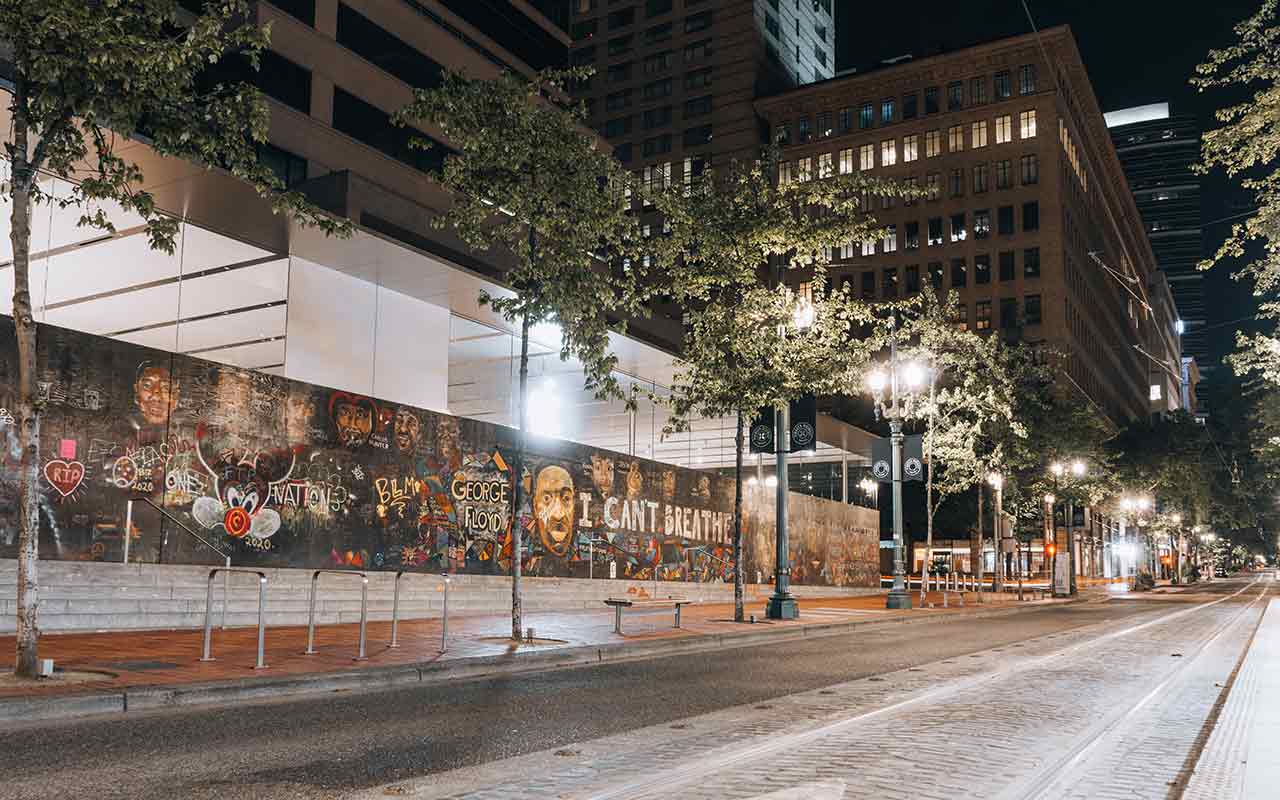 A mural that honors George Floyd and the Black Lives Matter movement in one of the streets of Portland, Oregon.