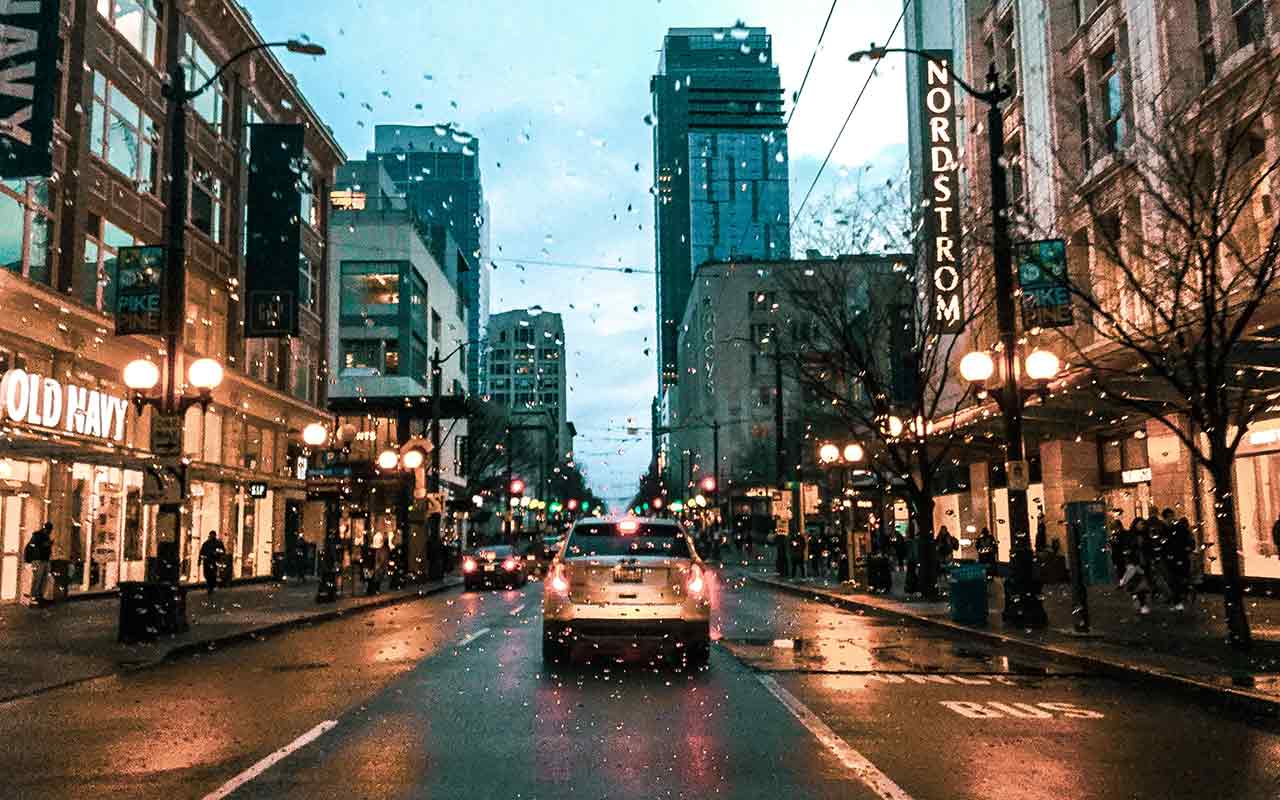 A street at Seattle on a typical rainy night