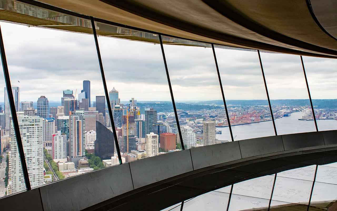 The Seattle skyline as seen from inside the Seattle Space Needle