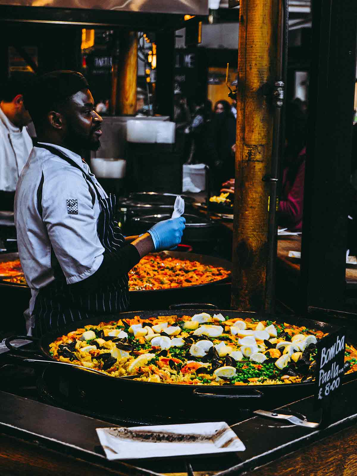 Freshly cooked Paella sold in a stall in Spain