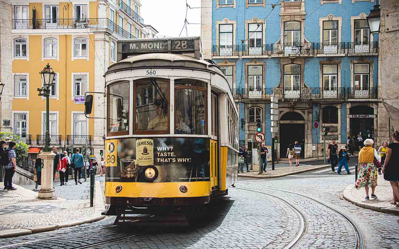 A cable car in the streets of Lisbon, Portugal