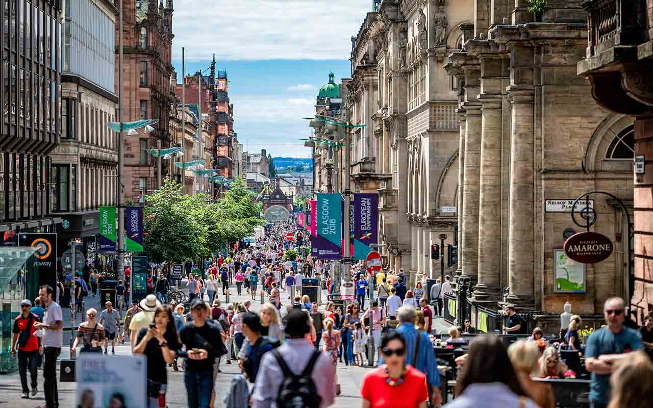 Tourist-filled Buchanan Street at Glasgow, Scotland